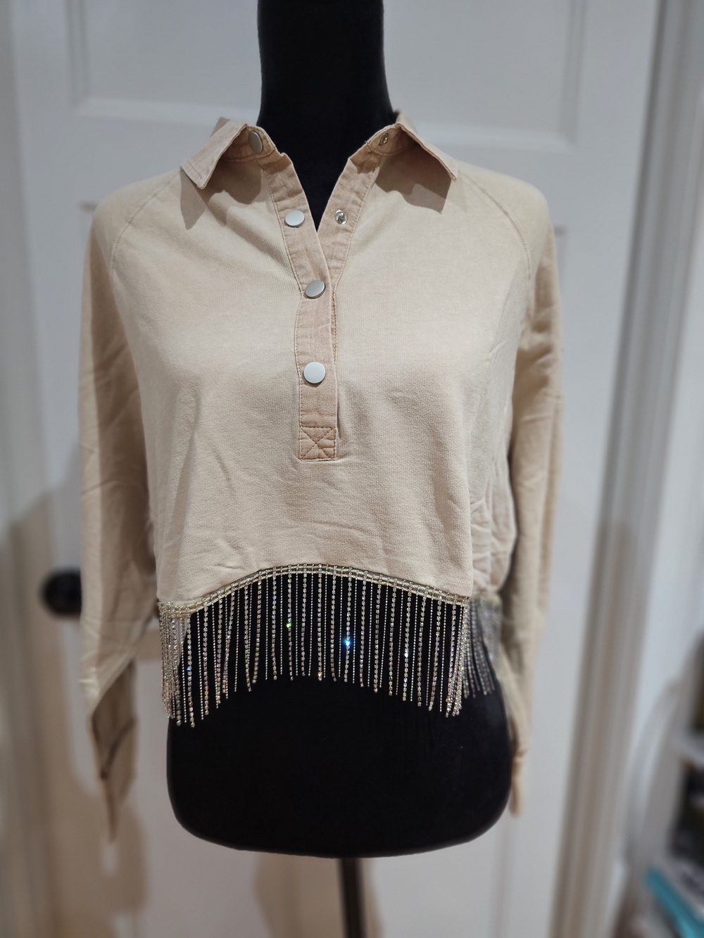 Beige Crystal-Fringe Cropped Button Placket Top, NWT
